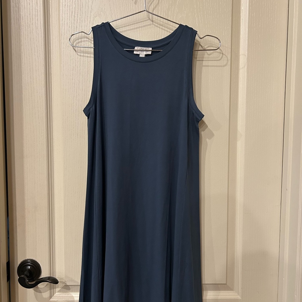 LOFT Blue A-Line Midi Dress Sleeveless Crew Neck
